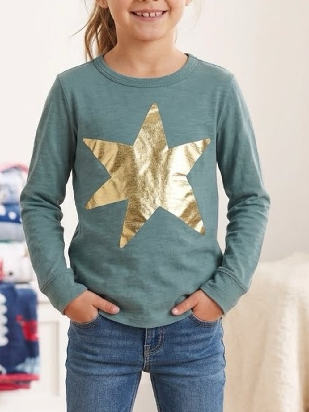 Crewcuts Teal Long-Sleeve Tee with Metallic Gold Star